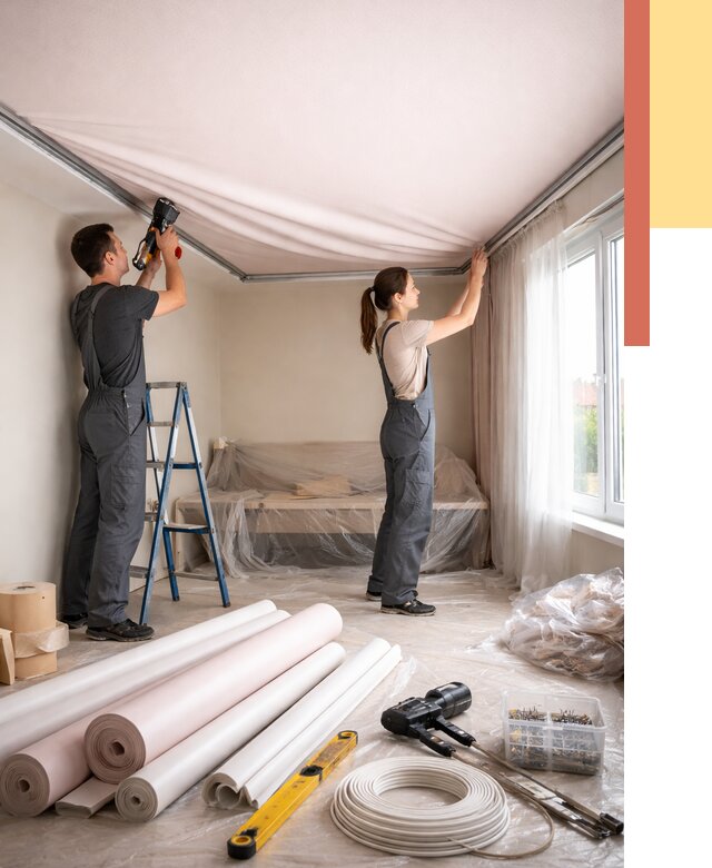 Монтаж цветного натяжного потолка в Чистополе от 4300 руб/м² — быстро и недорого | ОТДЕЛОЧНИК-Чст