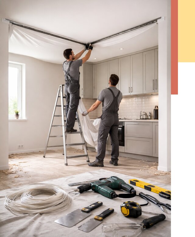 Установка натяжного потолка на кухне в Чистополе от 2457 руб. | ОТДЕЛОЧНИК-Чст