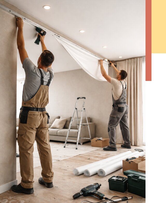 Монтаж натяжного потолка в гостиной в Чистополе от 563 руб. | ОТДЕЛОЧНИК-Чст