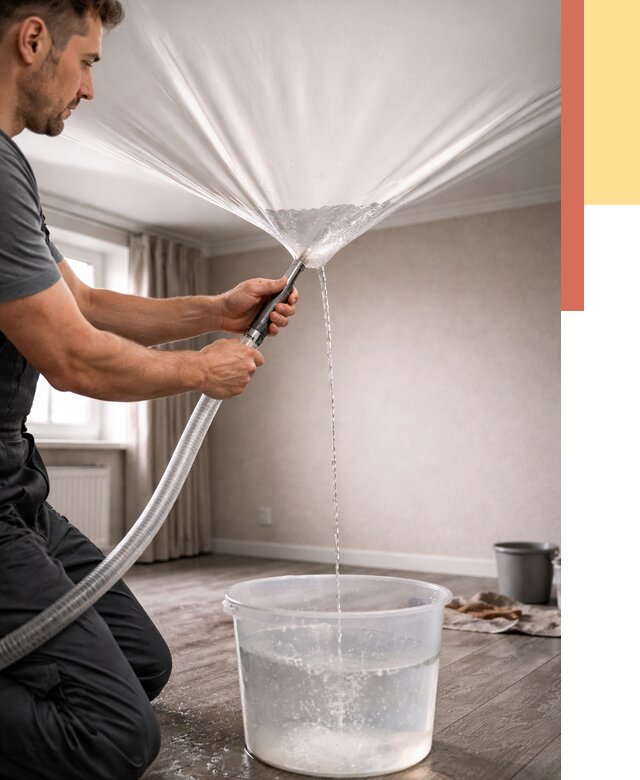 Слив воды с натяжного потолка в Чистополе от 2560 руб. быстро и недорого | ОТДЕЛОЧНИК-Чст