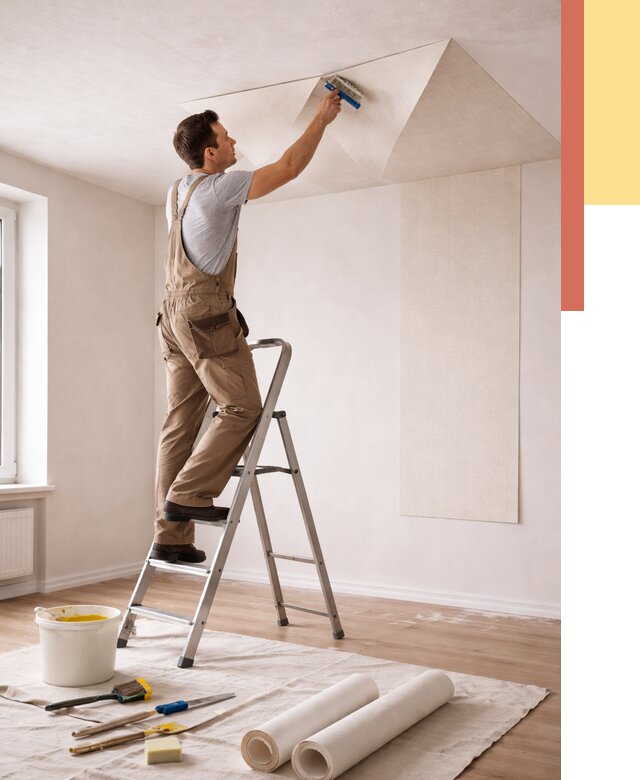 Поклейка обоев на потолок в Чистополе от 4608 руб. быстро и недорого | ОТДЕЛОЧНИК-Чст